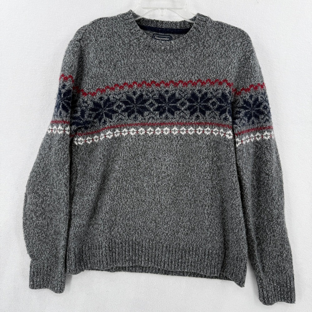 Abercrombie & Fitch Sweater Mens Medium Grey Fair Isle Merino Wool Cotton Blend